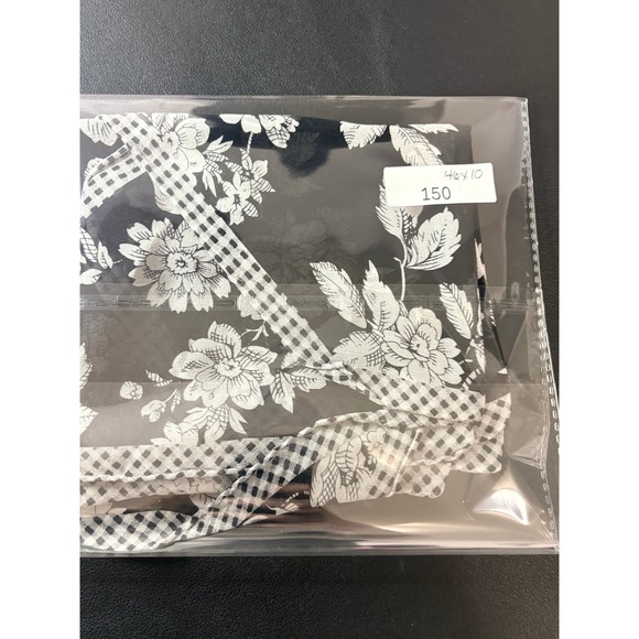 Liz Claiborne Silk Scarf Black White Floral Gingham Check Border Rectangle 46x10 - Picture 5 of 5